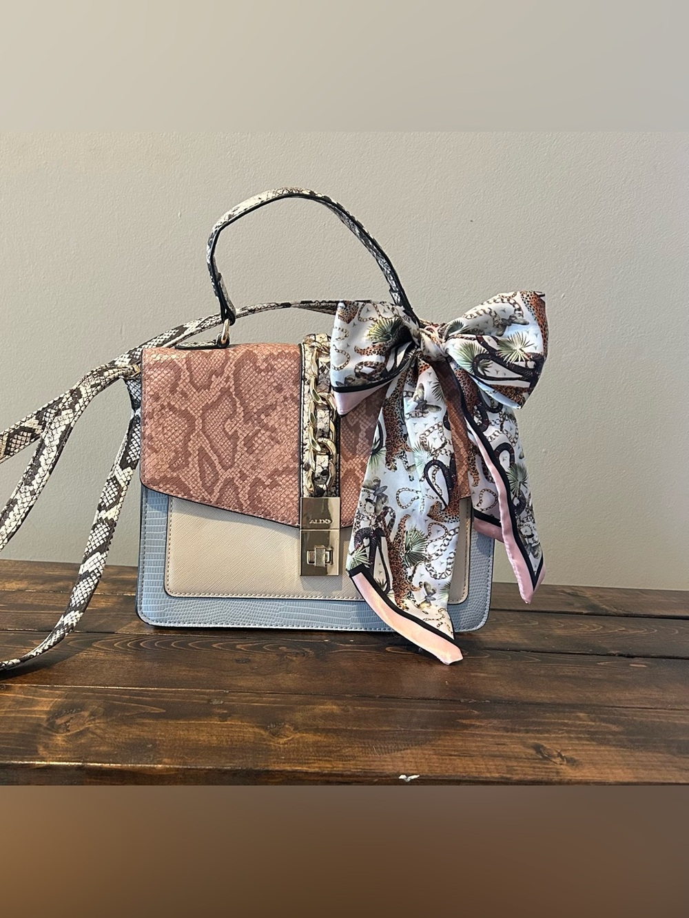 Aldo Pink & Cream Colorblock Top-Handle Satchel with Snake-Print Trim